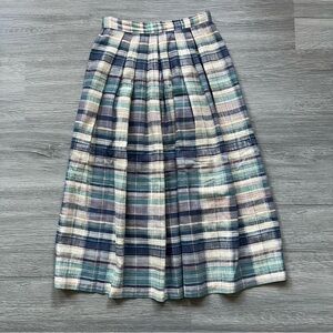 Vintage Plaid A-Line Pleated Skirt - Blue and Cream